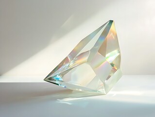 Poster - Sparkling crystal prism refracting light on white surface.
