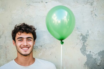Poster - A person holds a bright green balloon in front of a plain colored wall