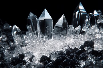 Poster - Sparkling quartz crystals cluster on dark rock.