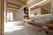 © Roey - Minimalist Bathroom with White and Wood Color Scheme. Scandinavian Style 3D Render, Hyper-Realistic.