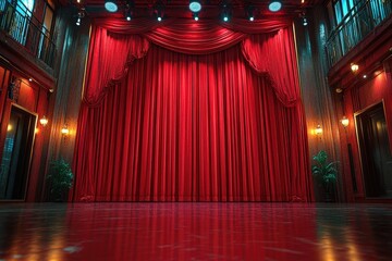 Poster - A stage with a red curtain and bright lights, perfect for concert or theater event