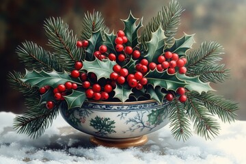 Aufkleber - A still life of holly leaves and berries arranged in a decorative bowl