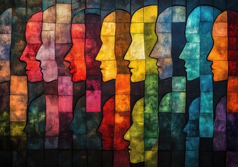 Poster - Abstract artwork featuring vibrant colored silhouettes of human profiles arranged in a striking pattern, symbolizing diversity and individuality in contemporary art