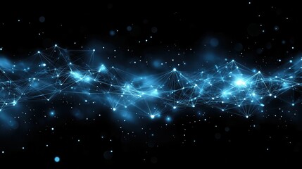 Poster - Abstract digital landscape featuring luminous blue nodes and interconnected lines representing data networks, technology, and cosmic exploration on a dark background