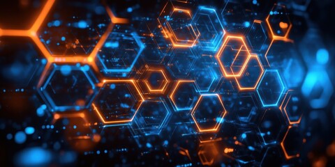 Poster - Abstract futuristic hexagonal pattern with glowing blue and orange lights, enhancing the concept of technology, innovation, and digital transformation in a vibrant visual display