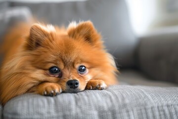 Poster - A small brown dog lying down on the top of a couch, looking relaxed