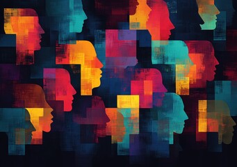 Poster - Abstract Pattern of Silhouetted Faces in Vivid Colors Creating a Dynamic and Colorful Mosaic on a Dark Background for Artistic and Creative Visual Projects
