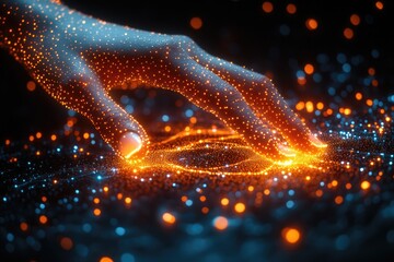 Poster - A person's hand reaches out to touch a glowing object, perfect for representing curiosity or wonder
