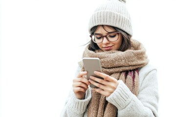 Poster - A woman wearing a hat and scarf looks at her cell phone, possibly checking messages or news