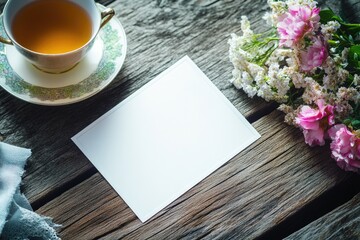 Poster - A cup of tea and a piece of paper on a wooden table, perfect for writing or studying