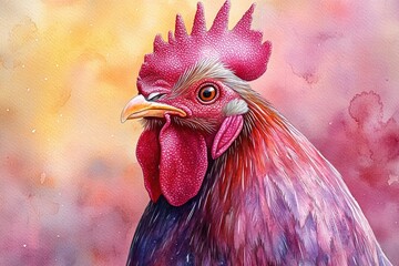 Wall Mural - A colorful painting of a rooster with vibrant red comb