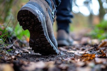 Poster - A person walking on a trail with lush green surroundings