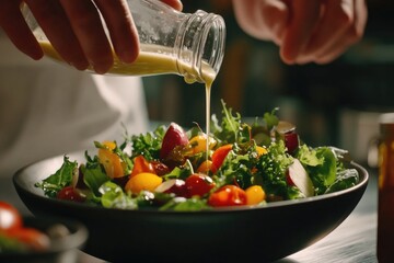 Aufkleber - A person pours dressing onto a prepared salad in a bowl, ready for serving