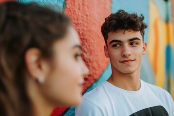 Poster - A couple standing together in front of a vibrant colored wall, ideal for use in articles or social media posts about relationships, love, or inspiration