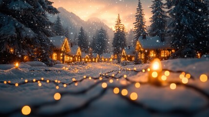 Poster - A winter wonderland scene with festive lights shining bright in the snow