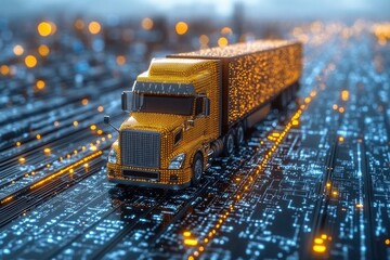 Aufkleber - A yellow truck drives on a city street at night, with urban lights and sounds in the background