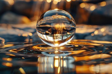 Aufkleber - A glass ball sits atop a small puddle of water, providing a reflective surface