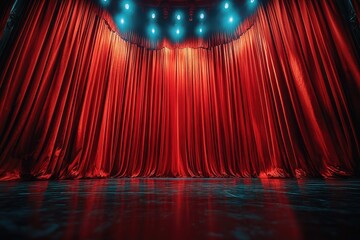 Poster - A stage set with a red curtain and bright lights, perfect for concert or theater performances