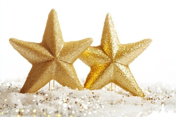 Poster - A pair of gold stars sit atop a snowy surface, perfect for winter or holiday-themed projects