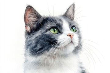 Poster - A domestic gray and white cat with striking green eyes