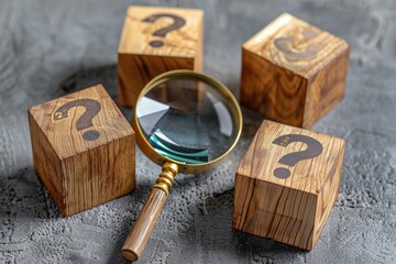 Aufkleber - A magnifying glass sits on top of wooden blocks, ready for use