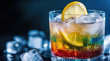 Poster - A refreshing drink with colorful ingredients and a slice of lemon on the side