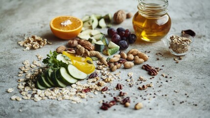 Poster - A wooden table topped with a variety of fresh fruits, including nuts, oranges, and more