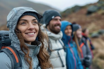 Poster - A group of people hiking on a mountain, carrying backpacks and enjoying the scenic view