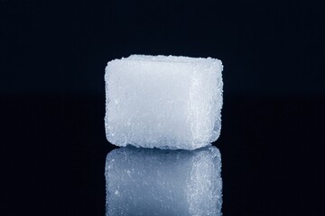 Melting ice cube reflecting on dark surface symbolizing climate change