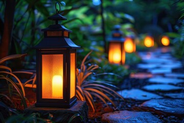 Poster - Group of lanterns placed on a stone walkway