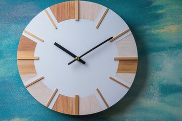 Poster - A close-up of a clock face on a blue background, ideal for use in designs related to time, space, or nostalgia