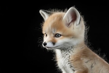 Aufkleber - A close-up view of a baby fox sitting on a black background