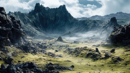 Poster - Mountain landscape with green grass and rocky terrain, suitable for use as a background or travel image