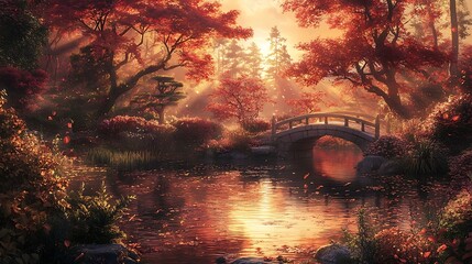 Wall Mural - A serene autumn garden with crimson trees, a stone bridge over a pond and delicate ripples reflecting sunset light