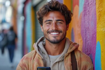Poster - A person stands in front of a vibrant wall, holding a mobile device