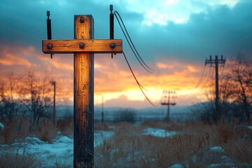 Wall Mural - A simple wooden cross sits in the middle of a green field, surrounded by wildflowers