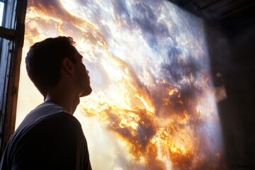 Poster - A person gazes out of a window as the sun sets in the background