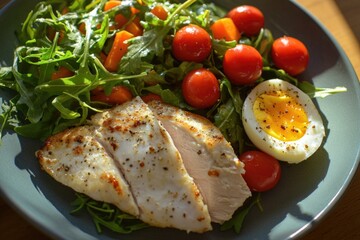Poster - Fresh green salad with vegetables and a hard-boiled egg on a blue plate