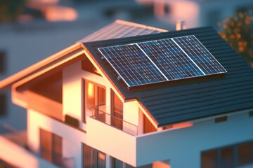 Poster - A modern home with a solar panel installed on its roof, suitable for environmental and eco-friendly themed projects