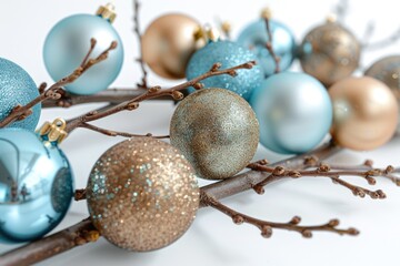 Poster - A decorative branch adorned with blue and gold ornaments