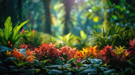 Poster - Jungle scene with sunlight shining through tree leaves, highlighting textures and colors