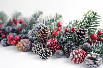 Poster - A collection of pine cones and berries on a white surface