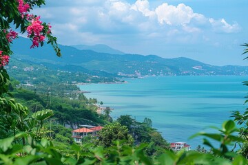 Poster - Panoramic view of the ocean from a hillside, perfect for travel or landscape photography