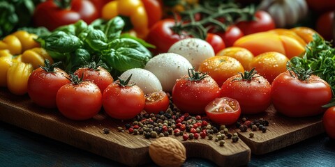 Poster - Fresh produce on a rustic wood cutting board