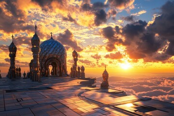 Poster - A mosque floating in the clouds at sunset