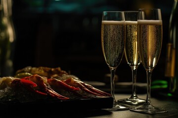 Poster - A pair of champagne flutes with a plate of food, perfect for a celebration or special occasion