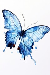 Poster - A delicate watercolor illustration of a blue butterfly in mid-flight, surrounded by subtle floral details