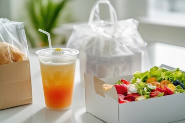 Poster - Fresh green salad with vegetables and fruits accompanied by a refreshing drink, perfect for a casual meal or snack