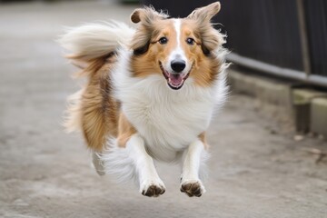 Aufkleber - A brown and white dog mid-jump, with its paws splayed outwards
