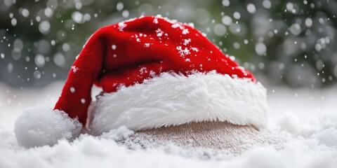 Sticker - A red Santa hat sitting on top of snow-covered ground